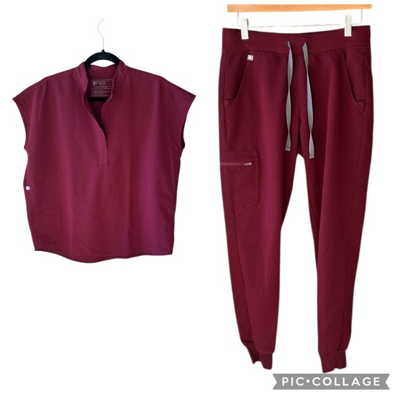 Figs Pants - Figs Scrubs Women's Set S Technical Coll. Burgundy Rafaela Top & Zamora Jogger